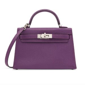 Hermès Mini Kelly Violet/Inside Raisin Chèvre Mysore With Silver Hardware