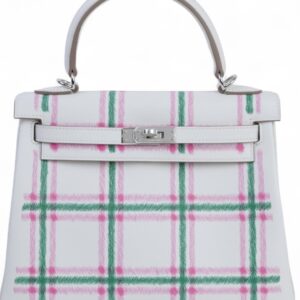 Hermès Kelly 25 Tartan light Gris pale/Bubblegum pink/Vert moyent Swift with Silver Hardware